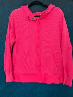 Bright Pink Waffle Knit Hooded Zip Jacket